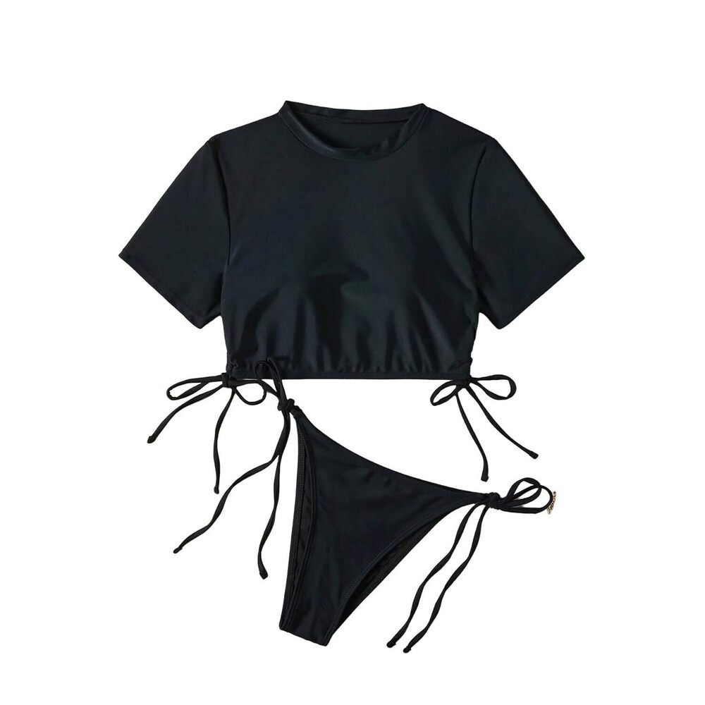 Women's 2 Piece Swimsuits Short Sleeve Crop Top Tie String Bikini Set